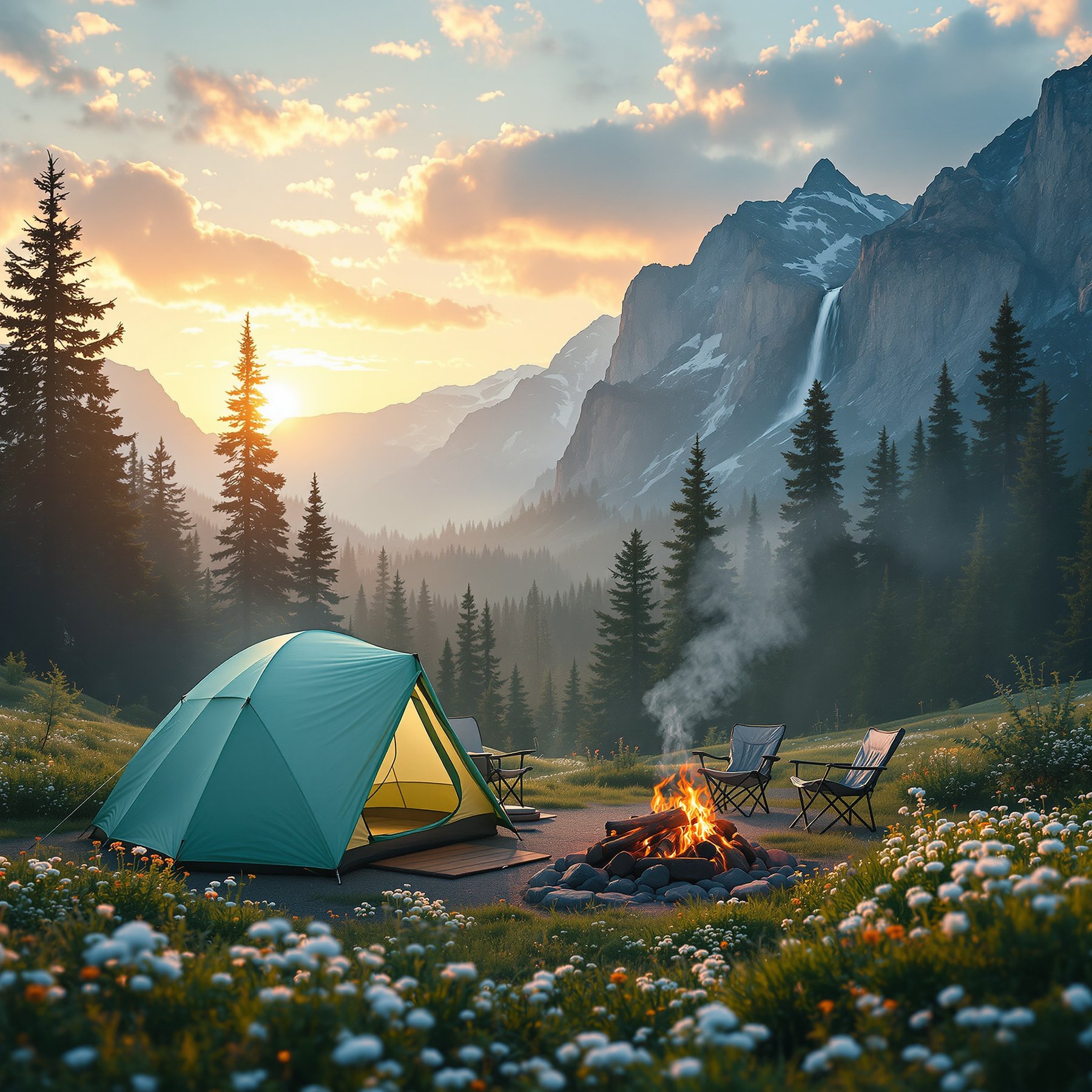 Camp by a glowing campfire with mountains and tall pine trees all around. Wildflowers bloom in the grass, and a waterfall tumbles down the rocks in the distance. The sun sets, filling the sky with warm, golden colors.