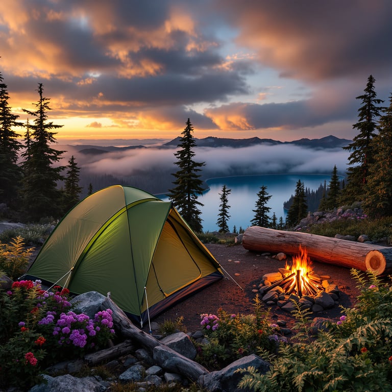 Camp by a glowing fire as the sun sets behind tall pine trees and misty mountains. Wildflowers bloom near your tent, and a peaceful lake sparkles below. This is a perfect spot for adventure and relaxing in nature.