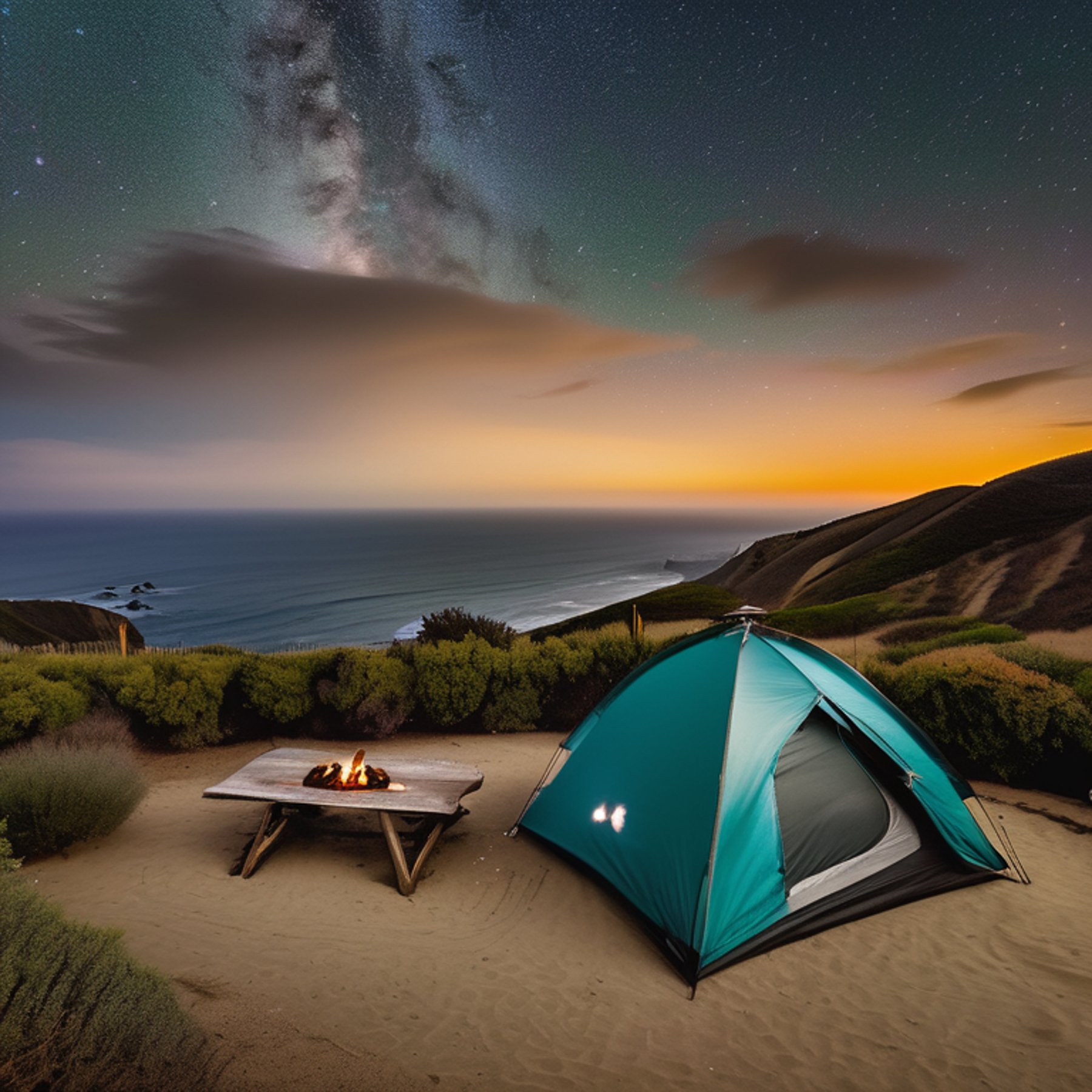 A teal tent rests beside a campfire on a quiet paved campsite in Big Sur. Under a cloudy, star-filled sky, rolling hills and distant surfers add to the peaceful coastal scene.