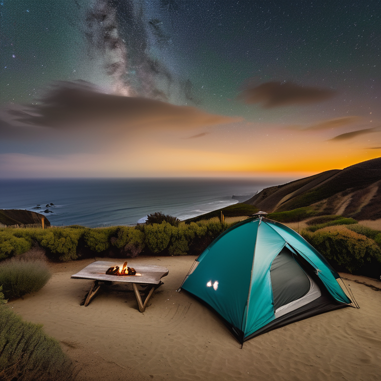 A teal tent rests beside a campfire on a quiet paved campsite in Big Sur. Under a cloudy, star-filled sky, rolling hills and distant surfers add to the peaceful coastal scene.