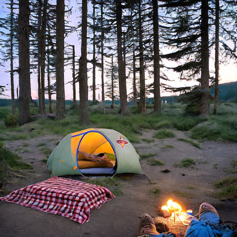 A small tent rests on a dirt campsite beneath a star-filled, stormy sky. A picnic table, scattered stones, and gravel patches create a quiet Washington night setting.
