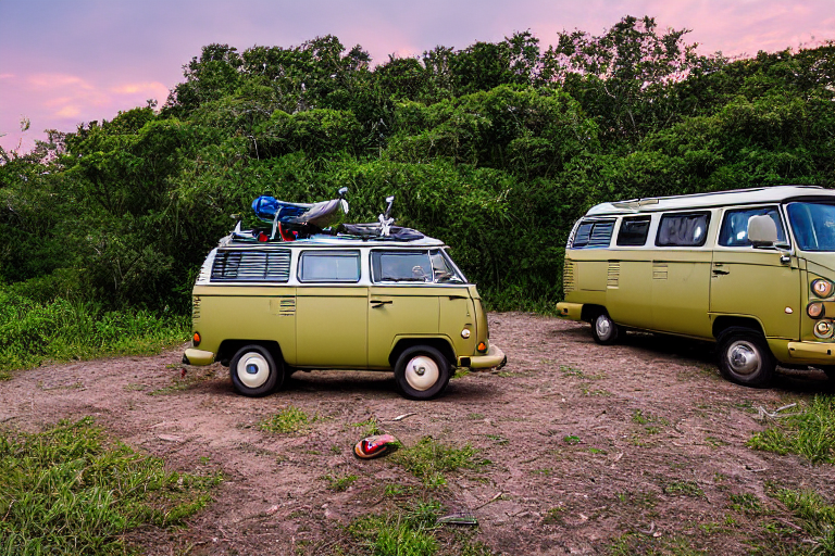 A green and tan campervan rests at a quiet paved campsite as the sun sets under cloudy skies. A backpack sits by a dirt patch, while surfers enjoy the distant shore beneath a pale moon.