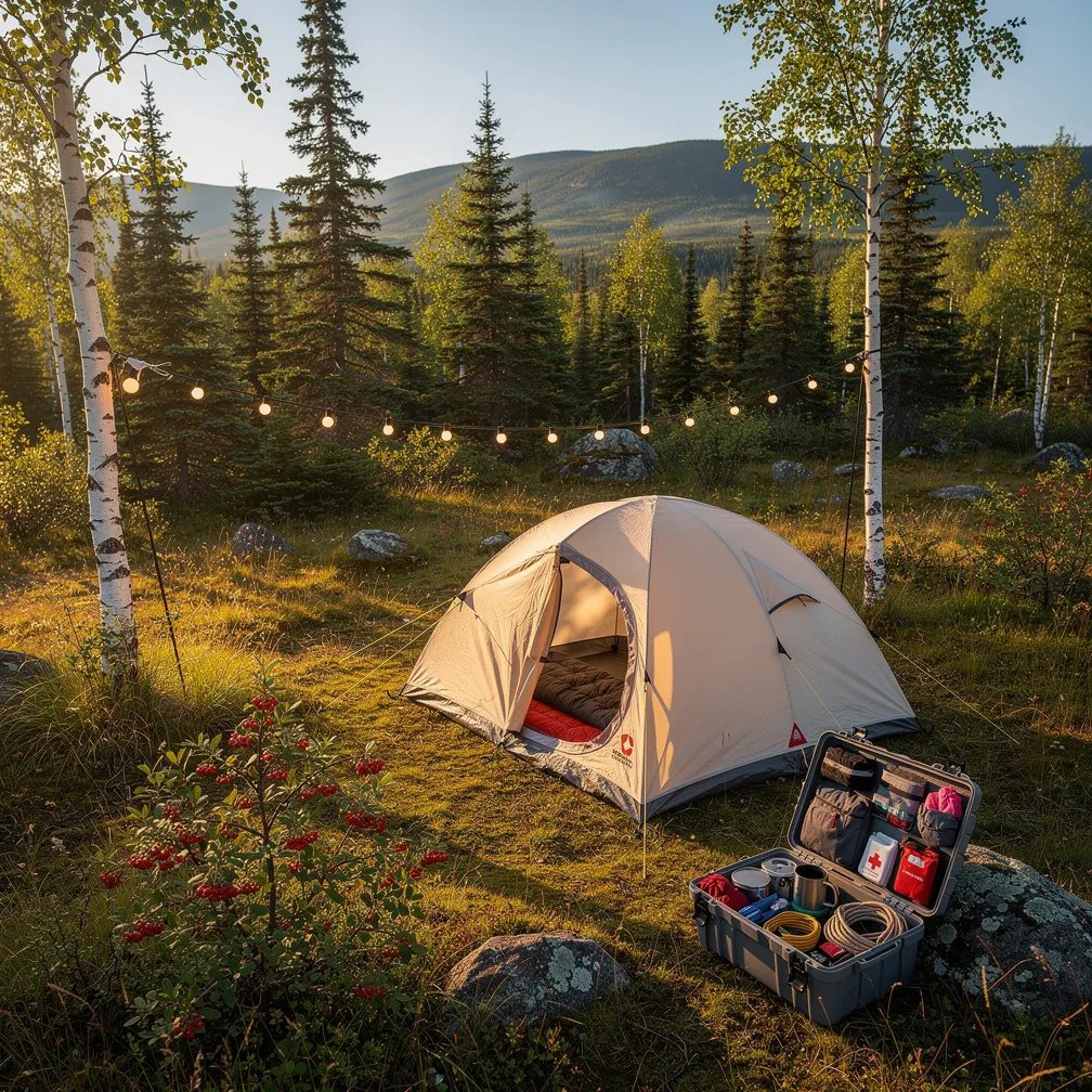 A cozy beige tent sits in a quiet clearing in the Alaska woods, surrounded by tall spruce and birch trees. Golden afternoon sunlight makes long shadows on the mossy ground and overgrown grass. Soft string lights glow between two trees, and a berry bush with bright red berries grows nearby. An open box of camping gear rests beside the tent, ready for an adventure.