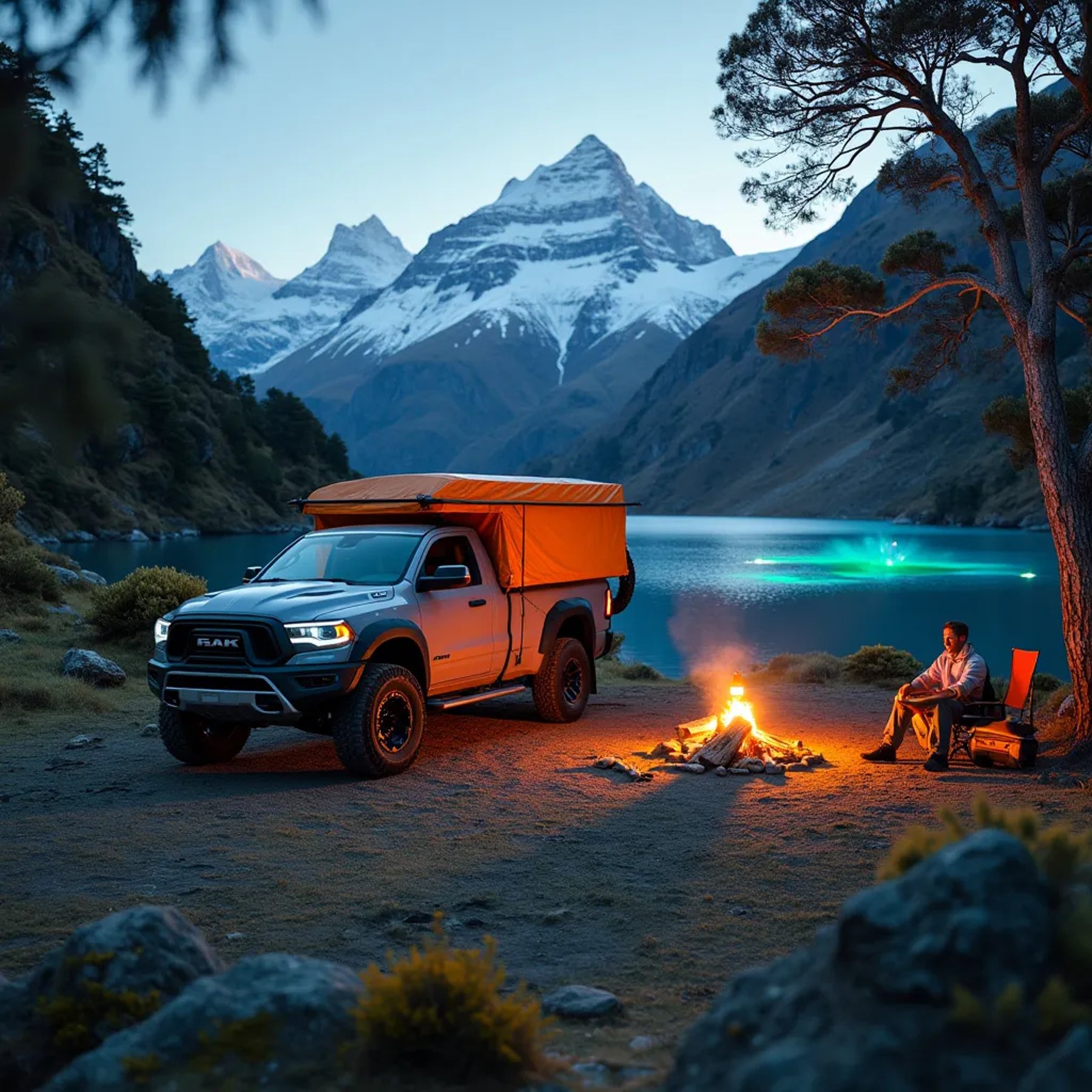 A gray and orange truck tent rests among mossy trees in a wild mountain campsite. A small campfire warms the clearing, while animal tracks mark the dirt nearby. A glowing pond adds a magical touch beneath the clear sky.