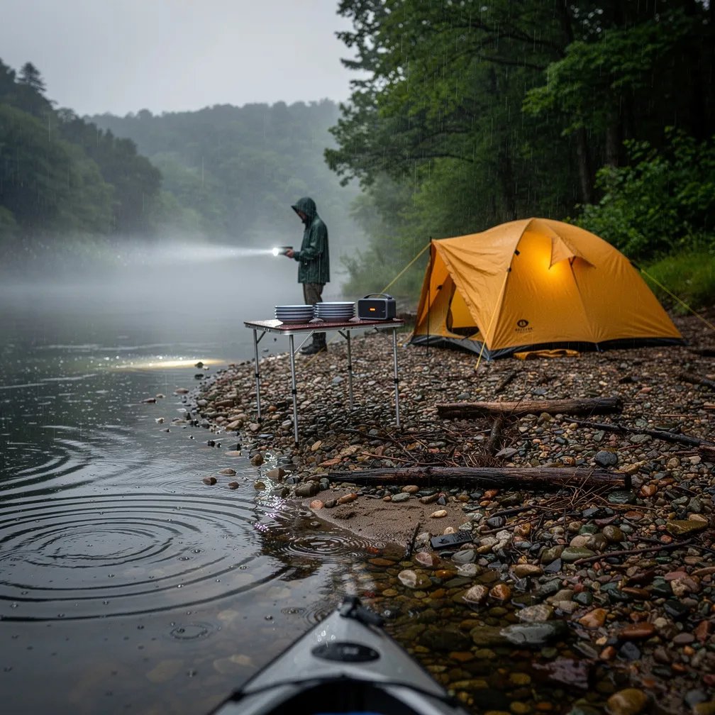 A misty river laps gently against a wet, pebbly shore, with driftwood and twigs scattered near the water. A mustard-yellow tent sits by the dark trees, while a small table holds stacked camping plates and a tiny speaker. In the drizzle, a lone camper shines a bright flashlight, its beam cutting through the fog and rain.