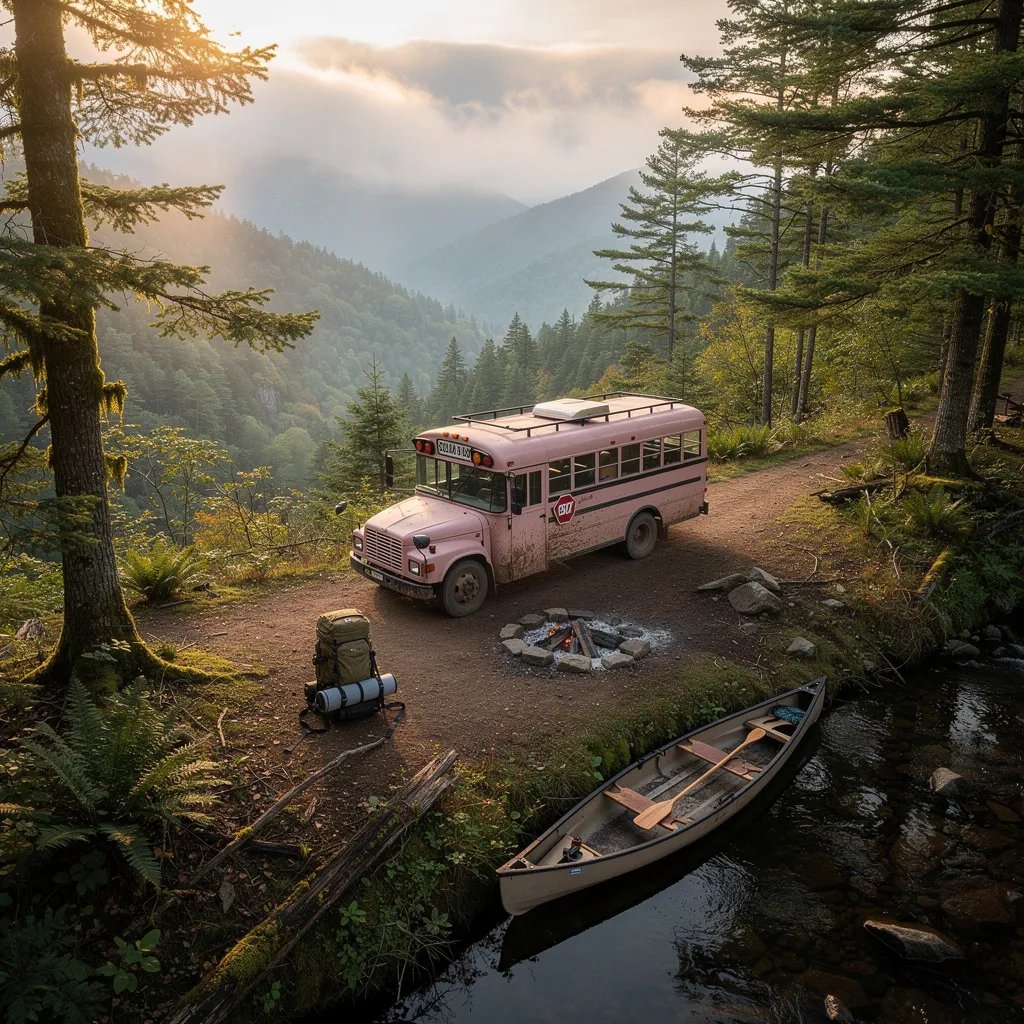 A quiet camp sits on a misty forest ridge, with soft golden light shining through the fog. A dusty-rose old school bus rests in a small clearing, near a worn backpack and a simple fire ring. By the trees, a canoe waits beside a calm creek, while the hills fade away into the gray distance.