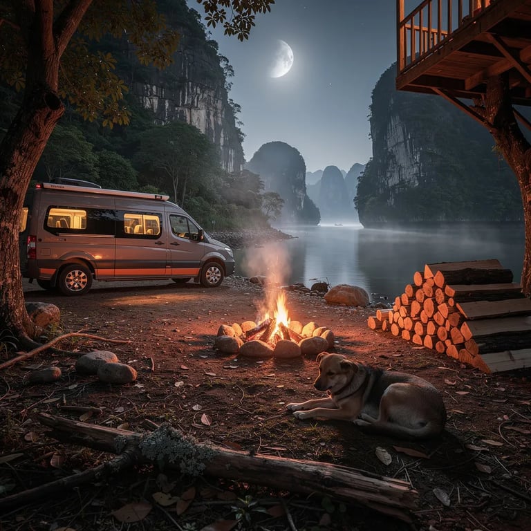A quiet campsite sits by calm water under tall limestone cliffs, with a thin mist drifting over the bay. A grey-and-orange camper van rests near the trees, while a small fire glows in a stone ring and warms a sleeping dog. Above, the moon looks partly shadowed, and its cool light mixes with the fire’s soft flicker.