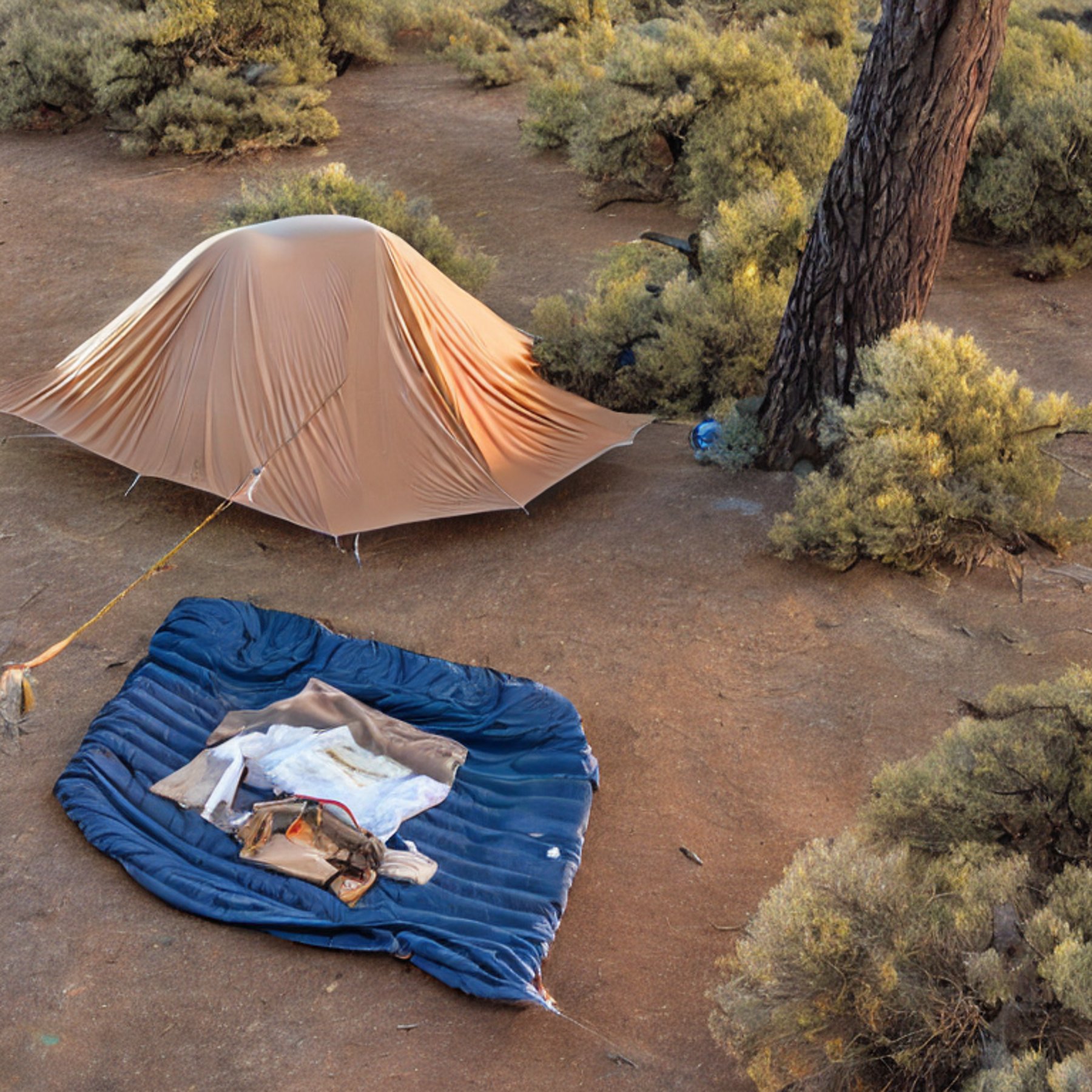 A tan tent rests on a snowy campsite among ancient petrified trees and thick green bushes. A hammock hangs nearby, while camping gear and a small twig sit on the ground. Soft golden light gives the quiet scene a warm glow.