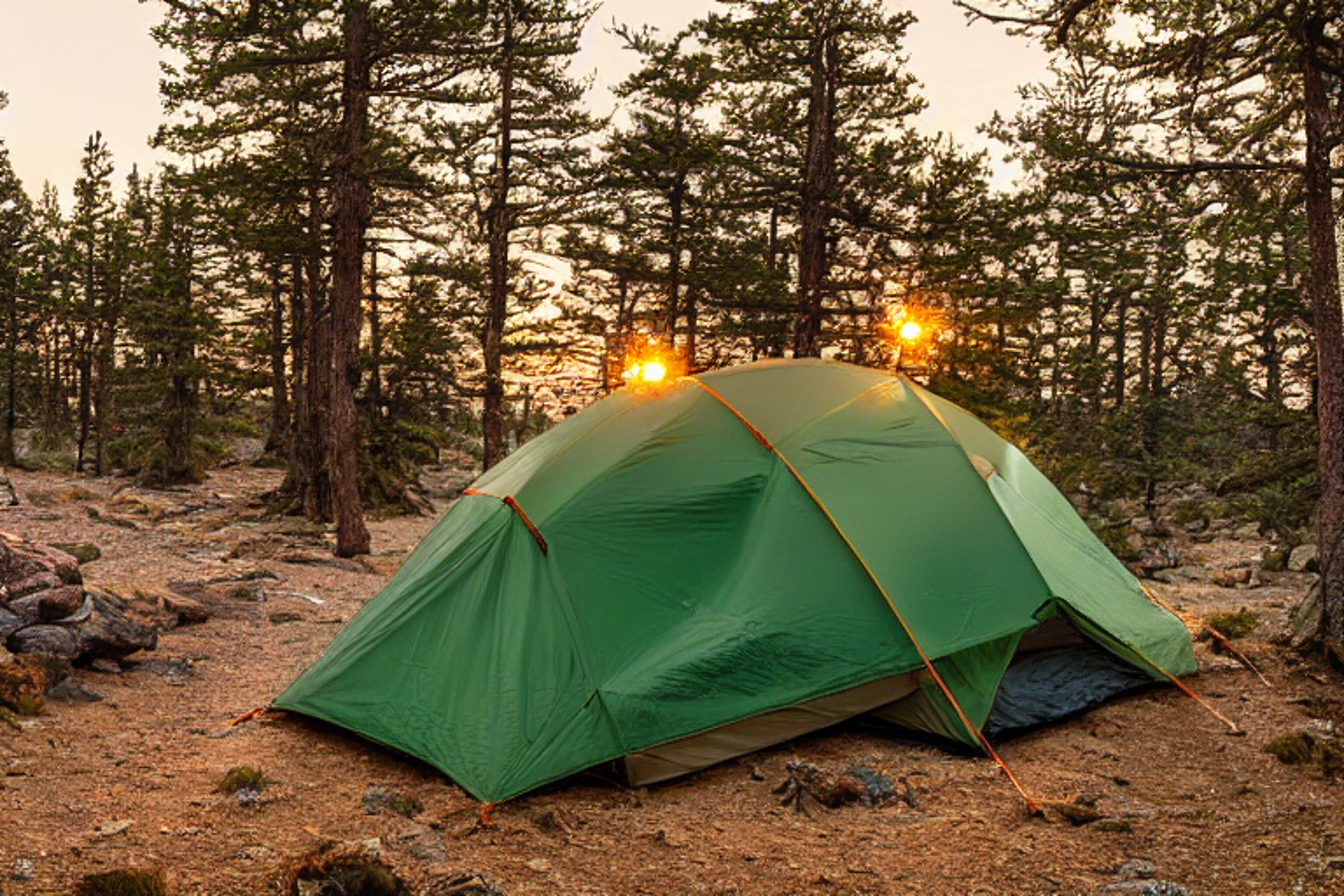 A green tent rests on a paved campsite in a petrified forest as the sun sets. Small trees, large boulders, and a dirt patch surround the site, while hikers enjoy the warm, sunny evening. A soft flashlight glow shines from inside the tent.