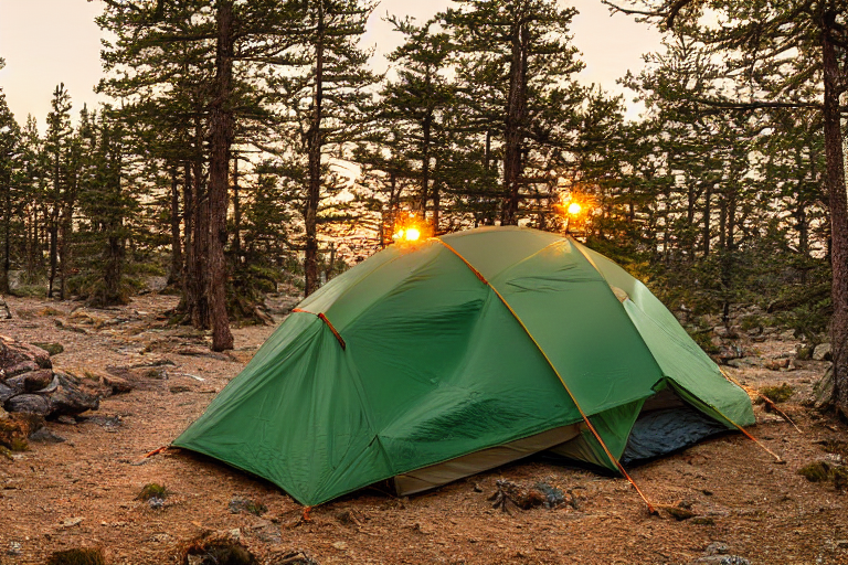 A green tent rests on a paved campsite in a petrified forest as the sun sets. Small trees, large boulders, and a dirt patch surround the site, while hikers enjoy the warm, sunny evening. A soft flashlight glow shines from inside the tent.