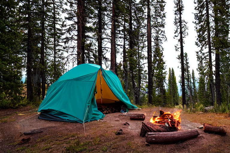 A teal tent rests beneath tall trees in Yellowstone’s rough, wild terrain. A warm campfire glows on the dirt clearing, with logs nearby and a hiking path leading through the stormy night.