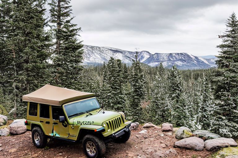 A green and tan Jeep with an open rooftop tent rests at a snowy mountain campsite. Tall trees, rocky ground, and a winding dirt path surround the peaceful spot beneath a wide, cloudy sky.