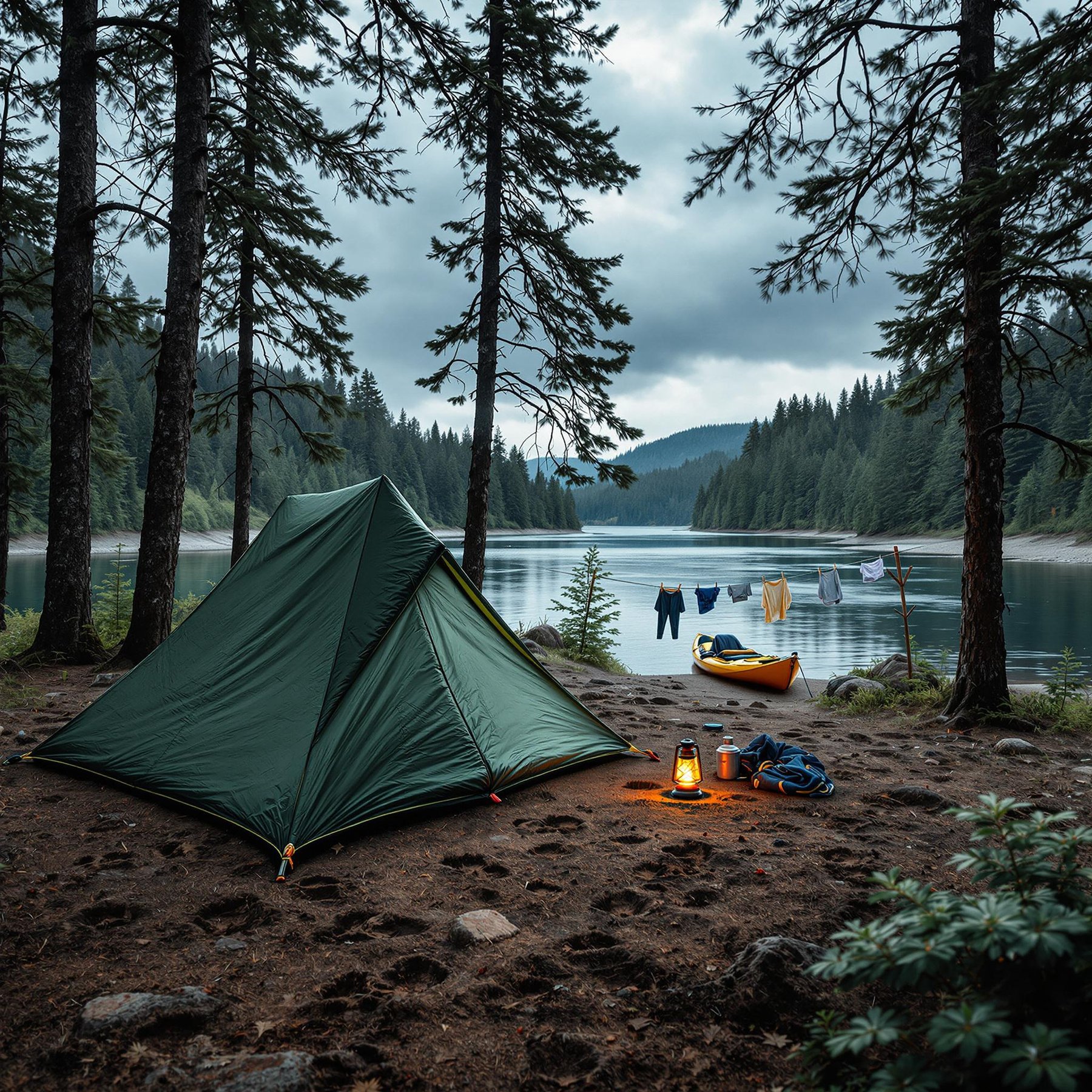 A cozy tent sits quietly by a calm, shimmering lake, surrounded by tall, whispering trees. A bright yellow kayak rests on the shore, ready for adventure, while a lantern glows warmly under the cloudy sky. Clothes flutter gently on a line, adding a touch of home to this peaceful, wild paradise.