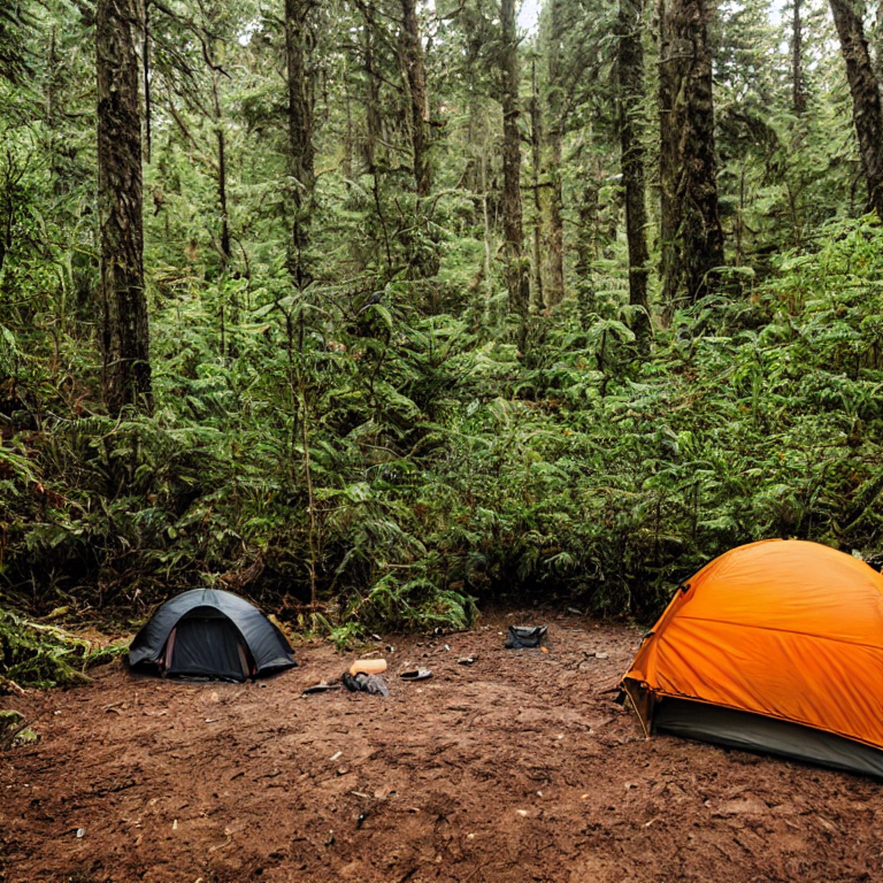 A black tent glows softly on a dirt campsite in the Smoky Mountains at dusk. Ferns surround the site, while a large log rests beside the campfire. Rainy weather gives the forest a cool, peaceful mood.