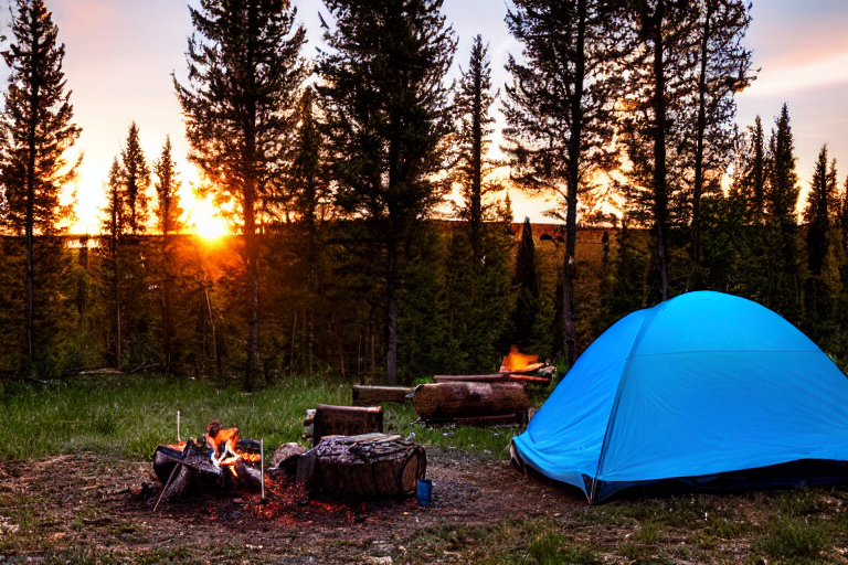 A blue tent rests in a quiet Montana campsite as rain falls beneath a glowing sunset. A campfire warms the dirt clearing, surrounded by logs, stone slabs, fallen leaves, and a small lantern.