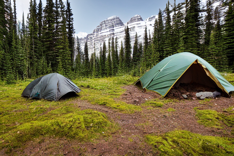 A cozy brown tent rests on a sunny dirt clearing in Glacier National Park. Ferns and moss-covered trees surround the campsite, while a campfire and box of gear add a warm, adventurous feel.