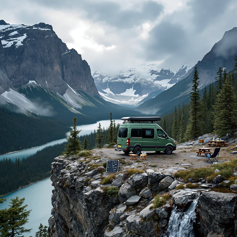 Camp high above a turquoise lake, surrounded by tall pine trees and snowy mountains. A green van sits near a cozy picnic spot, right by a rushing waterfall. The air feels crisp and fresh, perfect for adventure!