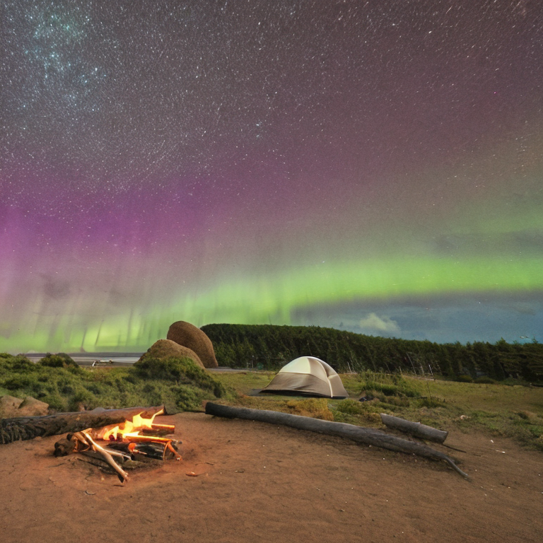 A cozy brown tent rests on a quiet campsite near Cannon Beach. Above it, bright northern lights glow through the stormy night sky. A warm campfire flickers beside the gravel and bushes.