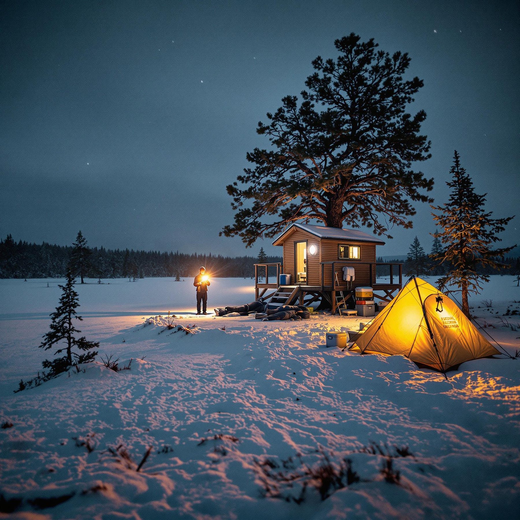 A tan treehouse stands on a windswept plain as twilight settles in. Sleet falls around the small trees, while a person’s flashlight glows in the distance. A cooler and bear-proof food container wait near the winter campsite.