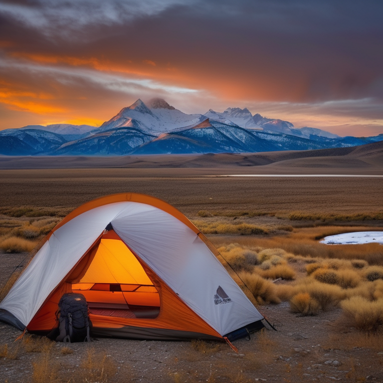 An orange tent rests on a paved campsite in Montana as the sun sets behind snowy mountains. Hikers explore the rough ground nearby, while a backpack sits beside a dirt patch.