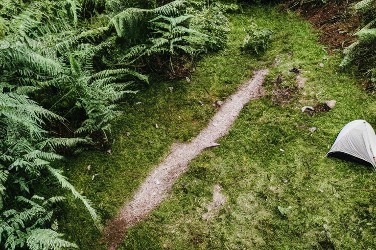 A green tent rests on a quiet dirt campsite beside a sparkling river. Ferns and patches of stone gravel surround it, while the rising sun fills the scene with warm light. A soft flashlight glow shines from inside the tent.