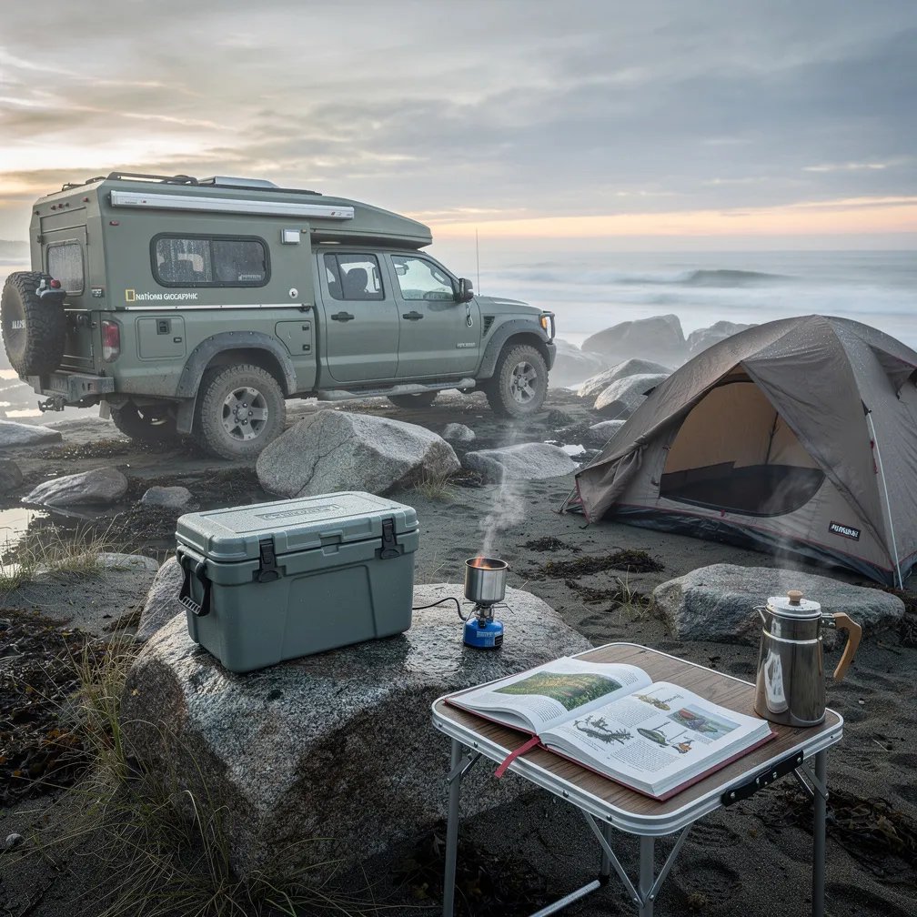 Dawn mist drifts over wet granite rocks on a quiet Maine beach, with the calm ocean stretching out ahead. A sage green truck camper and a small tent sit close to the shore, tucked beside tufts of salty grass. On a flat rock, a cooler and a little stove make hot coffee, while a field guide lies open in the cool, foggy air.