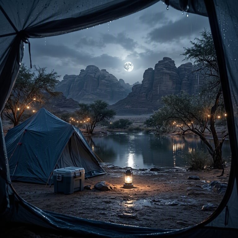 A quiet blue tent rests beside a still oasis in the rainy desert. Moonlight shimmers on the water, while warm lanterns and string lights glow beneath the acacia trees.