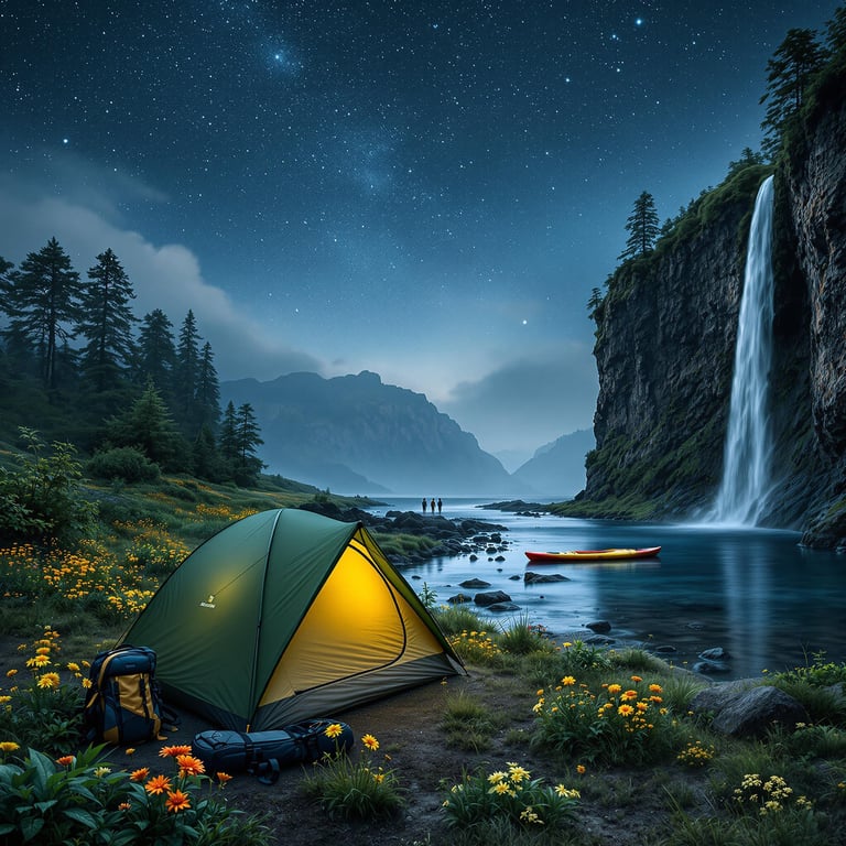 A green and tan tent rests beside a babbling brook under a starry, rainy sky. Wildflowers brighten the shore, while a backpack and kayak sit nearby. In the distance, a waterfall pours down a rocky cliff.