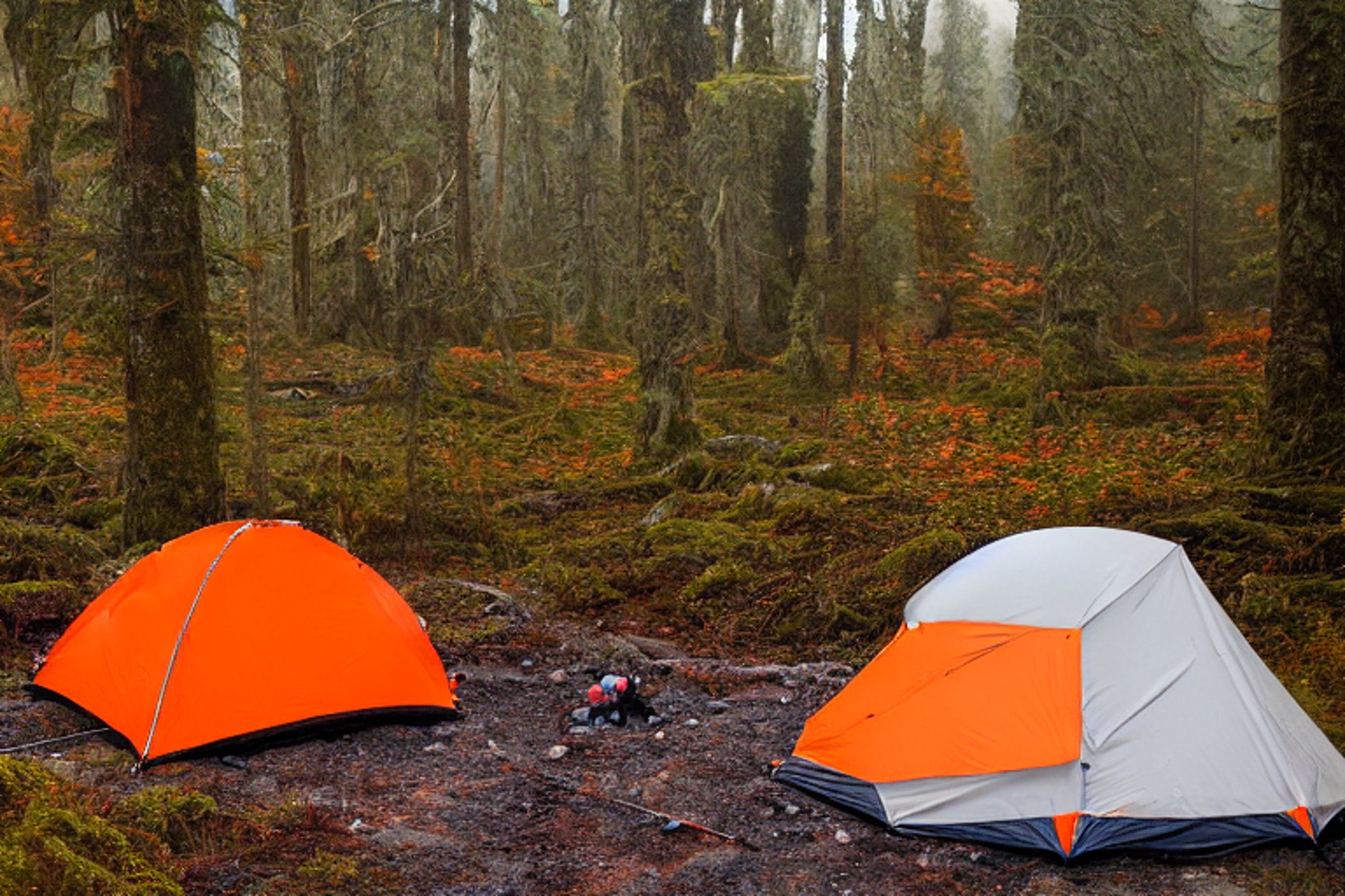 A gray and orange tent rests on a dirt clearing in an overgrown forest. Mossy trees, fall-colored leaves, and berry bushes surround the campsite, while soft fog creates a calm, misty mood. Hikers gather near the campfire.