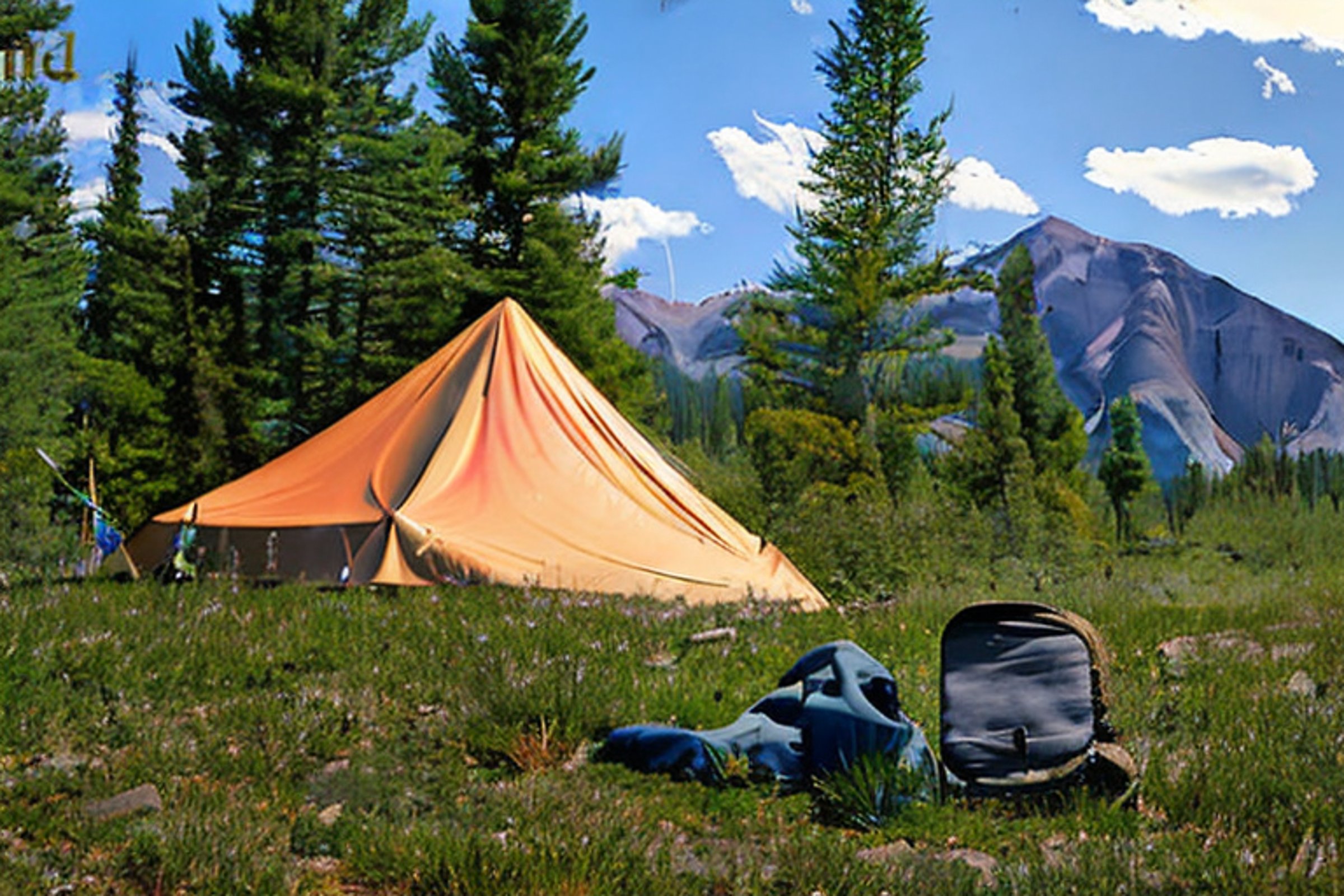 A tan tent rests on a sunny dirt campsite in Colorado. Colorful flowers and moss-covered trees surround the area, while a backpack sits nearby. Tall mountains rise in the clear distance.
