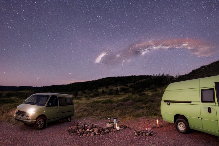 A green camper van rests on a dirt clearing beneath a stormy night sky. A warm campfire glows among stone rings, with ferns, a backpack, and tall sand dunes nearby under the distant moon.