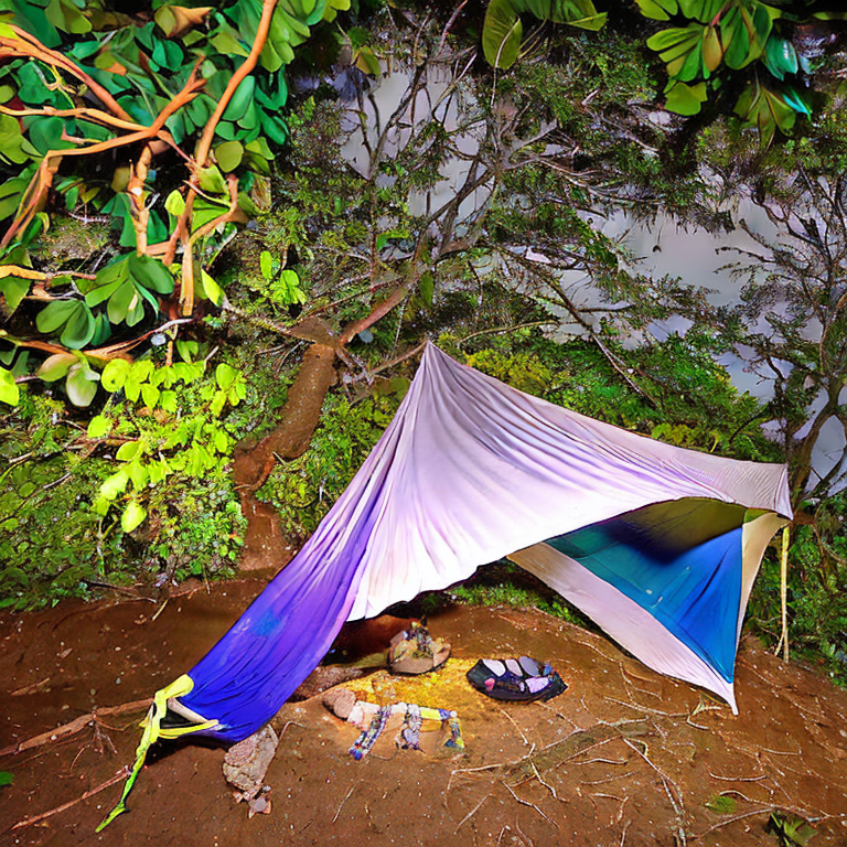 A forest-green tent glows softly on a dirt campsite beneath a starry, stormy sky. A hammock hangs between the trees, while small flowers brighten the ground. Surrounded by the lush beauty of Soufrière, St. Lucia, the camp feels cozy and wild.