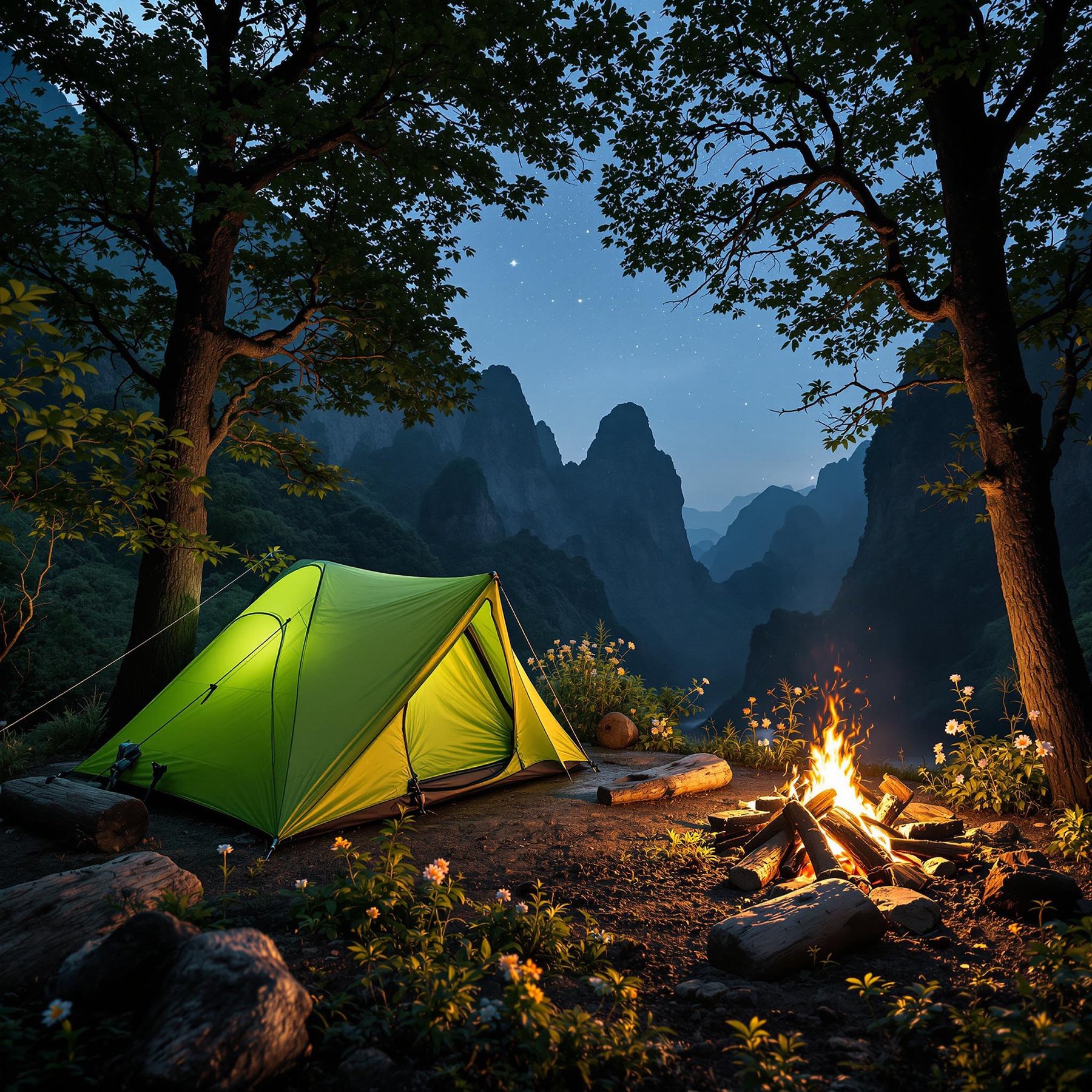 This cozy campsite sits between tall mountains and trees, with a glowing tent and a warm campfire. Bright stars fill the night sky, making it feel calm and magical. Wildflowers and logs add to the peaceful, natural setting.