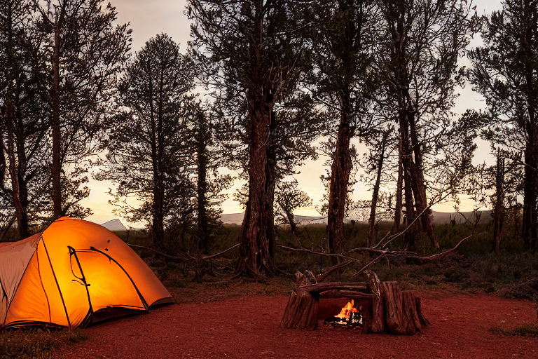 A tan tent rests on a paved campsite beneath the rainy night sky of Monument Valley. A small campfire glows beside a large log, while a wooden guitar lies nearby. Berry-covered bushes and wet leaves add a cozy touch to the scene.