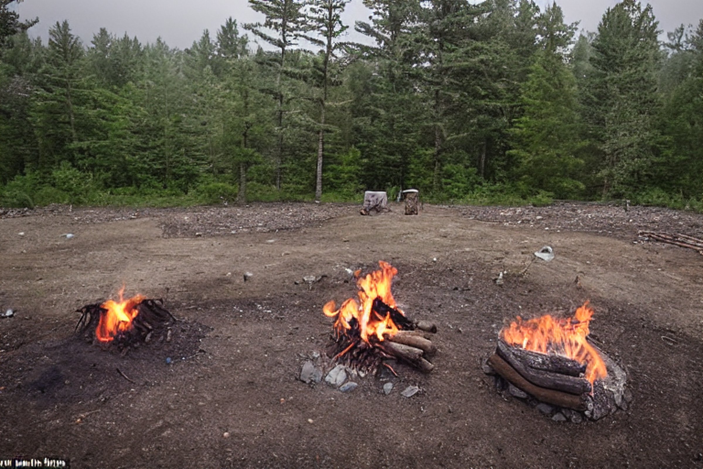 A blue-gray tent rests on a paved campsite in Upstate New York. A warm campfire glows among logs, flowers, and large stone slabs as fog drifts through the trees. Sunset light gives the quiet scene a cozy feel.
