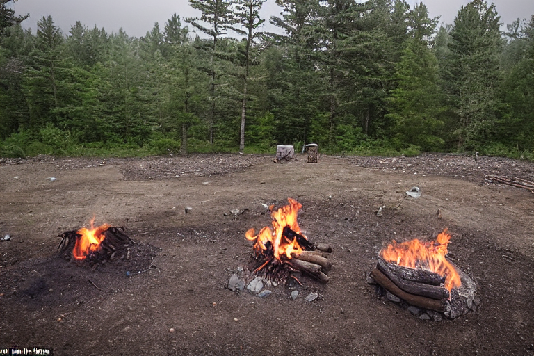 A blue-gray tent rests on a paved campsite in Upstate New York. A warm campfire glows among logs, flowers, and large stone slabs as fog drifts through the trees. Sunset light gives the quiet scene a cozy feel.