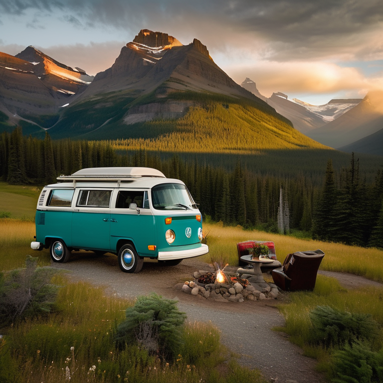 A teal campervan rests on a quiet dirt campsite in Glacier National Park. Tall trees, berry bushes, and scattered stones surround the clearing, while a deer stands in the distance beneath the cloudy golden sky.