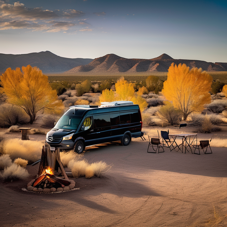 A black camper van rests at a sunny campsite in the New Mexico desert. Tall grass, fall-colored trees, and camping chairs surround a small campfire on a dirt patch. The wide view shows a bright blue sky and peaceful open land.