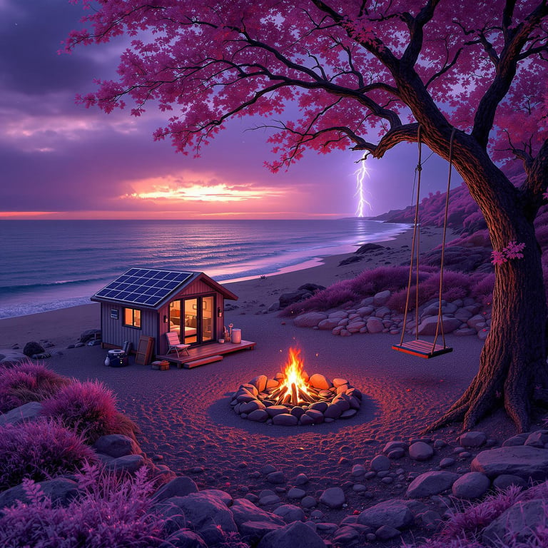 A cozy cabin sits by the beach, surrounded by pink trees and glowing under a magical sunset. A crackling campfire near the ocean creates a warm and friendly space. Nearby, a swing hangs from a tree as lightning dances on the horizon.