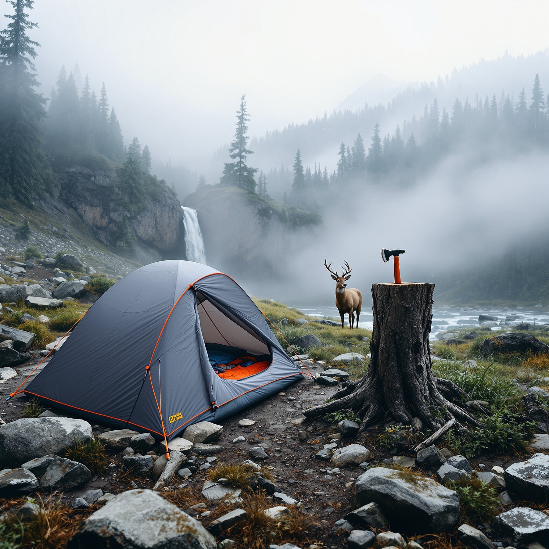 A cozy tent sits by a rushing waterfall in the misty forest. Nearby, a deer stands quietly and an axe rests on a tree stump. The air feels cool and peaceful in this wild mountain campsite.