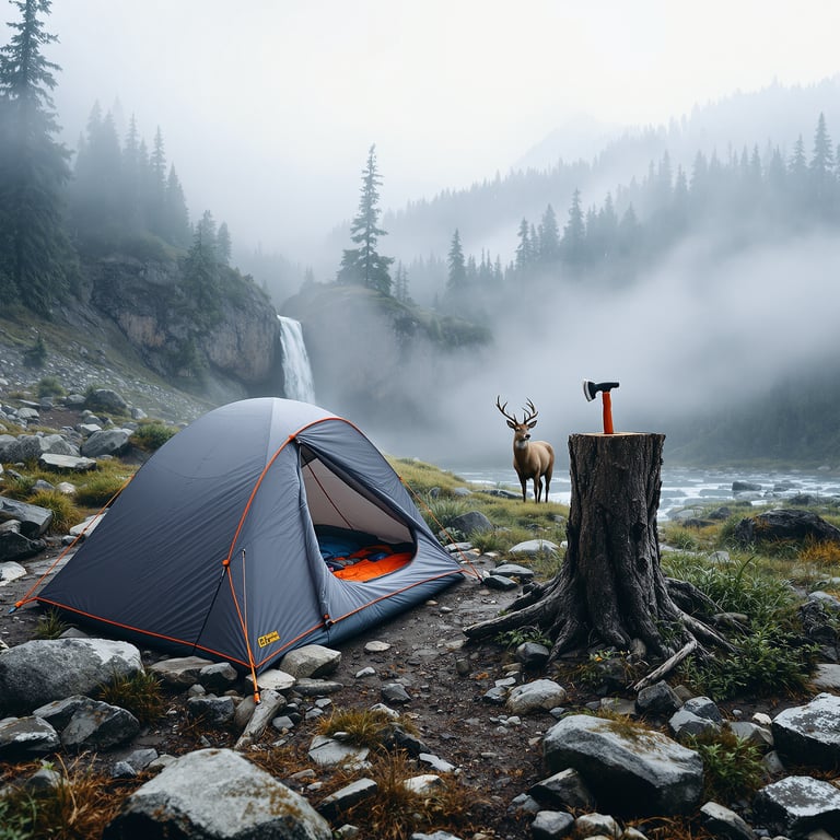 A cozy tent sits by a rushing waterfall in the misty forest. Nearby, a deer stands quietly and an axe rests on a tree stump. The air feels cool and peaceful in this wild mountain campsite.