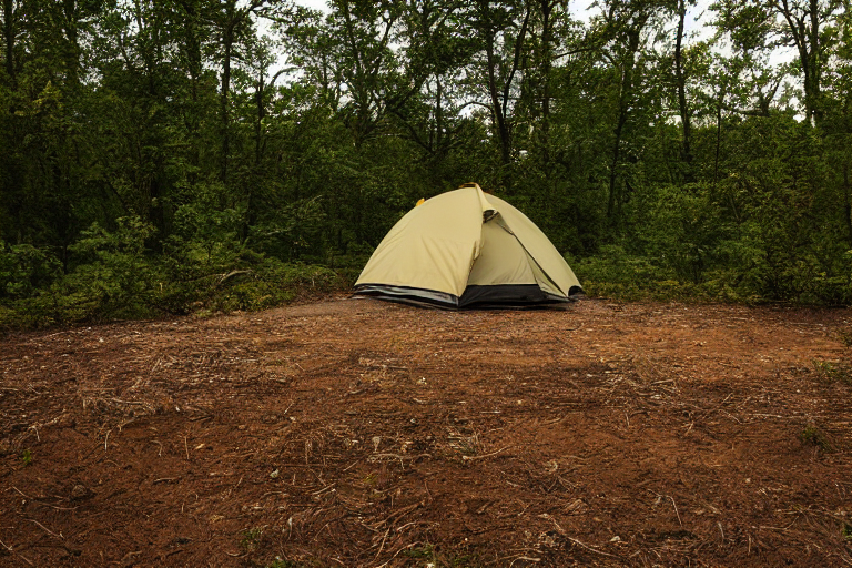 A cozy tent sits beside a glowing campfire under a star-filled, stormy sky. A clear stream winds through the campsite, with berry bushes, fallen leaves, and a dirt trail nearby.
