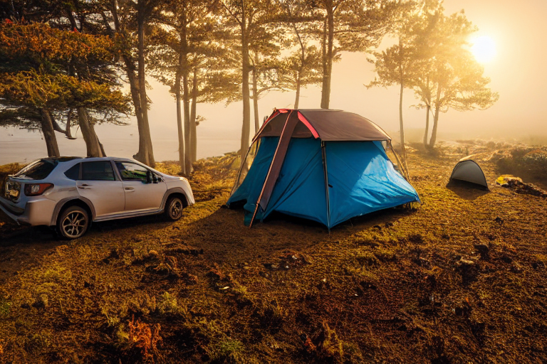 A Subaru with an open rooftop tent rests at a cozy seaside campsite. Camping chairs and a glowing lantern sit on the rocky ground, while fall-colored trees fade into the soft ocean fog. Golden light brightens the peaceful scene.