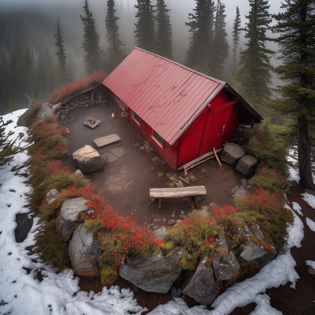 A red lean-to shelter rests among large bushes and mossy boulders in Banff National Park. Fog hangs in the stormy morning air, while berry-covered plants add a bright touch. An axe sticks from a nearby tree stump.