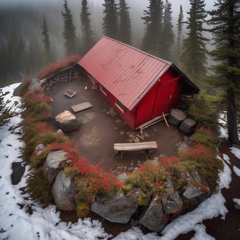 A red lean-to shelter rests among large bushes and mossy boulders in Banff National Park. Fog hangs in the stormy morning air, while berry-covered plants add a bright touch. An axe sticks from a nearby tree stump.