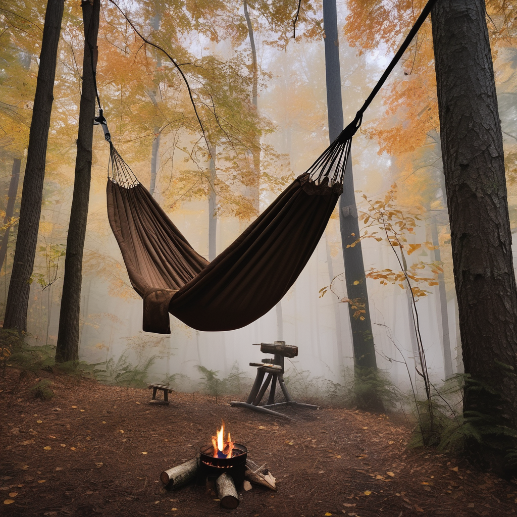 A cozy brown hammock rests in a colorful fall forest beside a small campfire. Dewy grass sparkles below, while a fishing rod leans against a tree and a deer watches from the distance.
