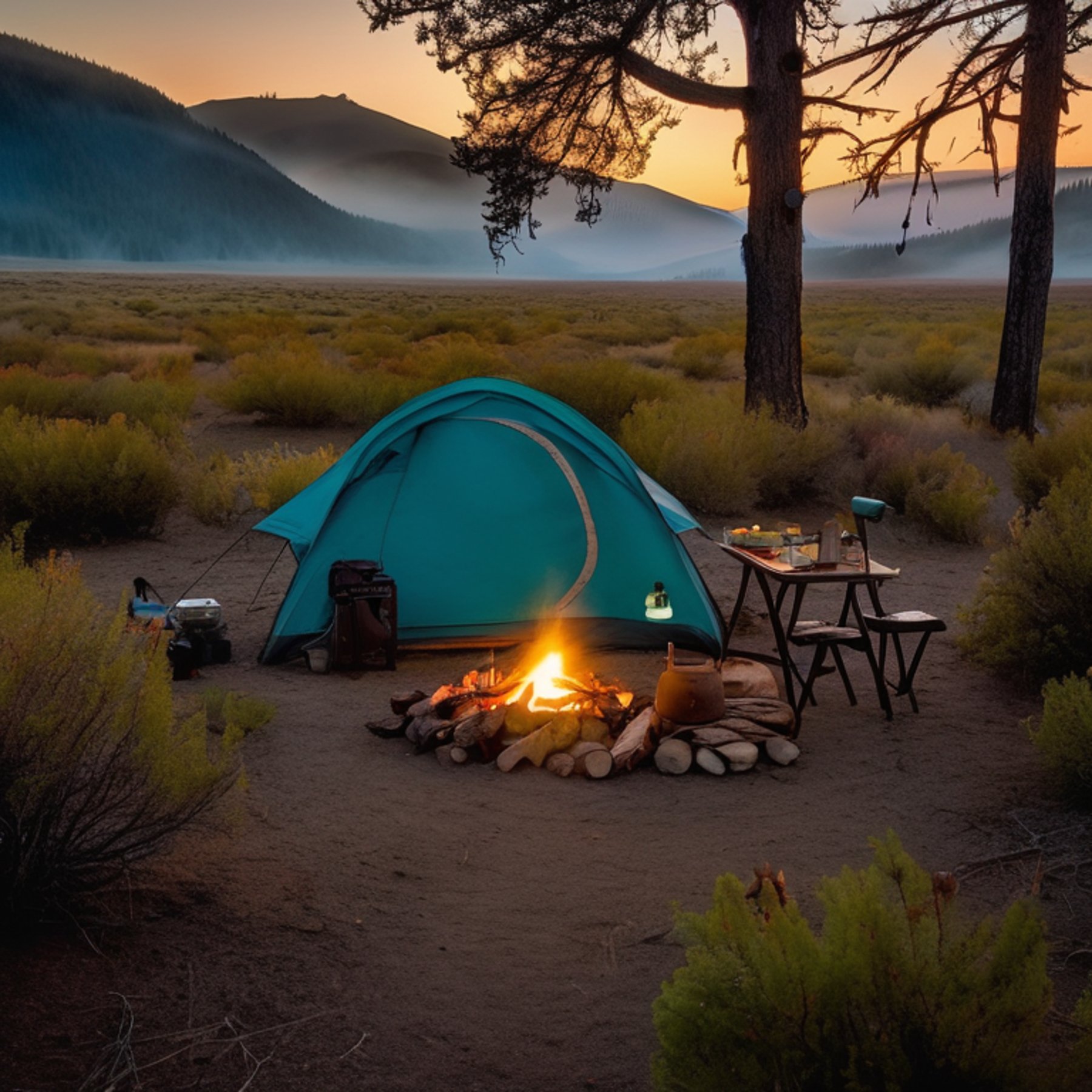 A teal tent rests on a quiet dirt clearing in the Idaho plains. Fog drifts through mossy trees as sunrise casts a soft glow over the campsite. A warm campfire, lantern, and picnic table make the scene feel cozy.
