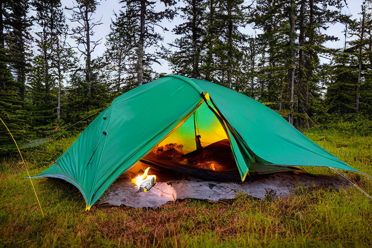 A green tent rests beside a warm campfire in a quiet North Shore forest. Tall grass, wildflowers, and a clothesline surround the campsite, while hikers watch the glowing aurora through stormy clouds.