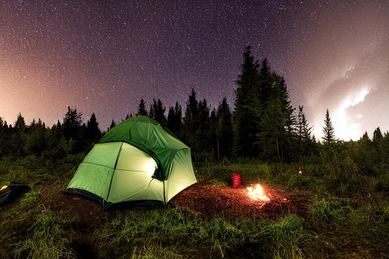 A green camo tent rests on a dirt patch at a quiet Vancouver Island campsite. A lantern glows beside the tent, with clothes hanging on a line nearby and a large log by the fire. Stormy clouds drift across the star-filled night sky.