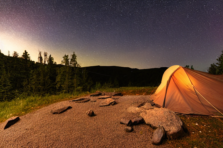 A cozy brown tent rests beside a glowing campfire under a star-filled sky. Tall trees, wildflowers, stone patches, and a large rock surround the peaceful campsite in Norway.